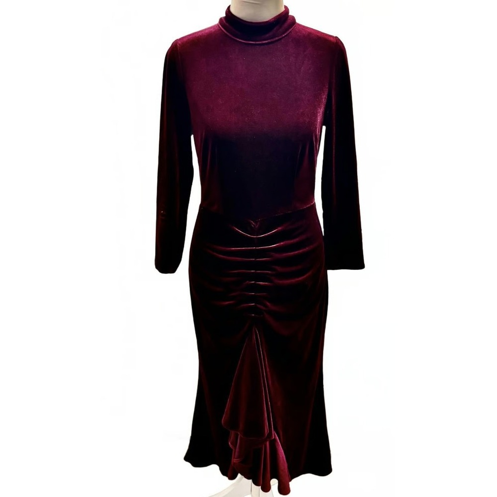 Eliza J Velvet Velour Burgundy Ruched Dress with Keyhole Back - Picture 2 of 7